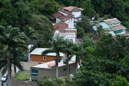 Rio, Brazil - november 26, 2022: residences in mountain area with forest aroundのeditorial素材