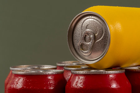 Group of aluminum soda cans, chilled, frozen and with water dropsの写真素材