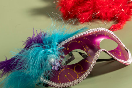 carnival mask with feathers and typical elements in the green backgroundの写真素材