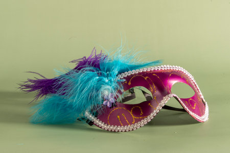 carnival mask with feathers and typical elements in the green backgroundの写真素材