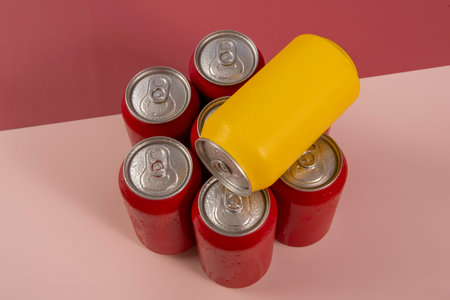 Group of aluminum soda cans, chilled, frozen and with water dropsの写真素材