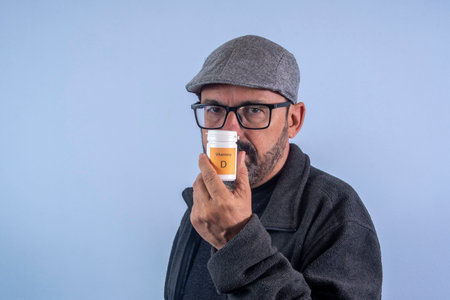 Mature man holding bottle of vitamin Dの写真素材