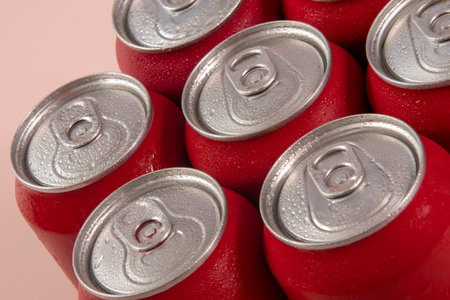 Group of aluminum soda cans, chilled, frozen and with water dropsの写真素材