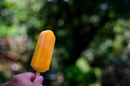 hand holding on blurred green background representing summerの写真素材