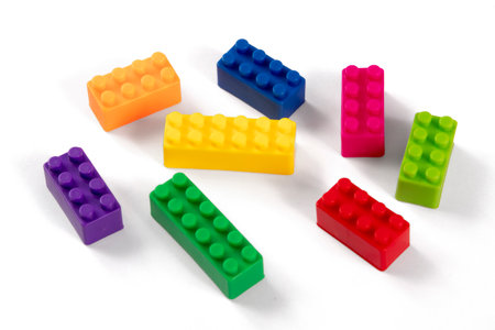 Colorful and isolated children plastic building blocks toy, isolatedの写真素材