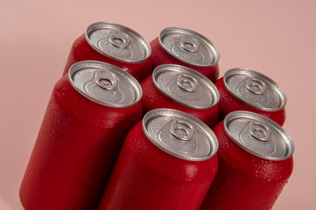 Group of aluminum soda cans, chilled, frozen and with water dropsの写真素材