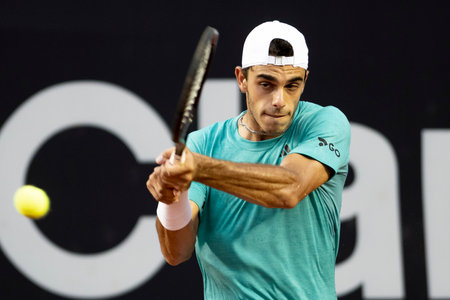 Rio, Brazil - February 23, 2023: Francisco Cerundolo (ARG) player in match against Zapata Miralles (ESP) by Rioopen 2023 ATP 500, in Rio de Janeiro Jockey Clubのeditorial素材