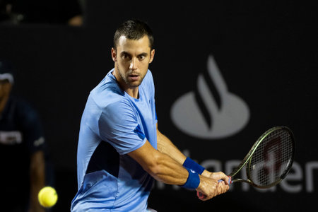 Rio, Brazil - February 23, 2023: Laslo Djere (SRB) player in match against Dusan Lajovic (SRB) by Rioopen 2023 ATP 500, in Rio de Janeiro Jockey Clubのeditorial素材