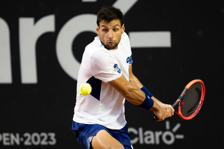 Rio, Brazil - February 23, 2023: Zapata Miralles (ESP) player in match against Francisco Cerundolo (ARG) by Rioopen 2023 ATP 500, in Rio de Janeiro Jockey Clubのeditorial素材