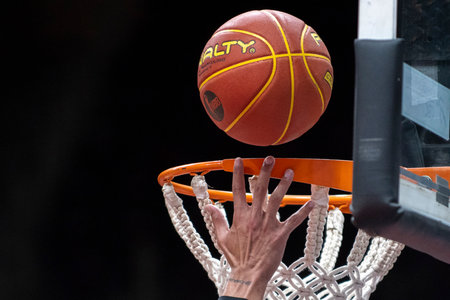 Rio, Brazil - november 04, 2022 - basketball near the backboard hoopduring Flamengo v Corinthians by New Brazilian Basketball (NBB) at Maracazinho Stadiumのeditorial素材