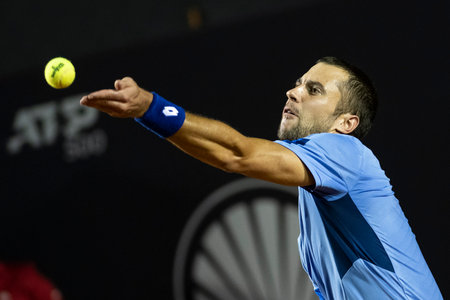 Rio, Brazil - February 23, 2023: Laslo Djere (SRB) player in match against Dusan Lajovic (SRB) by Rioopen 2023 ATP 500, in Rio de Janeiro Jockey Clubのeditorial素材
