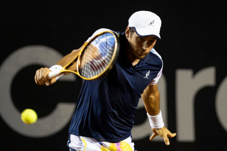 Rio, Brazil - February 23, 2023: Dusan Lajovic (SRB) player in match against Laslo Djere (SRB) by Rioopen 2023 ATP 500, in Rio de Janeiro Jockey Clubのeditorial素材