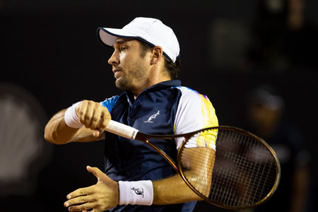 Rio, Brazil - February 23, 2023: Dusan Lajovic (SRB) player in match against Laslo Djere (SRB) by Rioopen 2023 ATP 500, in Rio de Janeiro Jockey Clubのeditorial素材