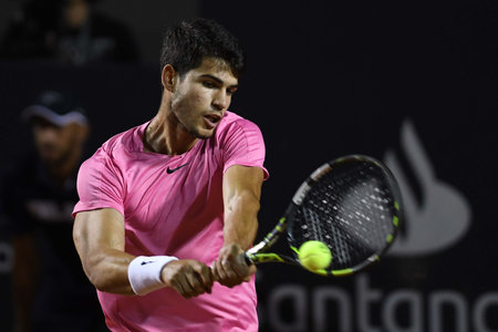 Rio, Brazil - February 23, 2023: Carlos Alcaraz (ESP) player in match against Fabio Fognini (ITA) by Rioopen 2023 ATP 500, in Rio de Janeiro Jockey Clubのeditorial素材