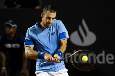 Rio, Brazil - February 23, 2023: Laslo Djere (SRB) player in match against Dusan Lajovic (SRB) by Rioopen 2023 ATP 500, in Rio de Janeiro Jockey Clubのeditorial素材