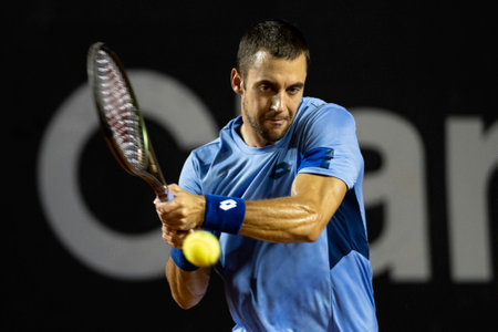Rio, Brazil - February 23, 2023: Laslo Djere (SRB) player in match against Dusan Lajovic (SRB) by Rioopen 2023 ATP 500, in Rio de Janeiro Jockey Clubのeditorial素材