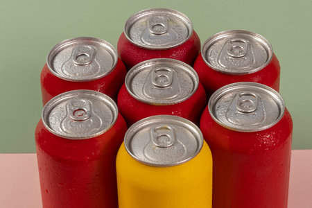 Group of aluminum soda cans, chilled, frozen and with water dropsの写真素材