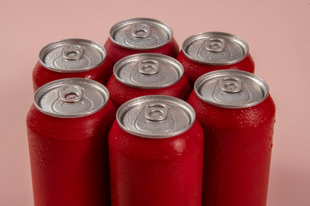 Group of aluminum soda cans, chilled, frozen and with water dropsの写真素材