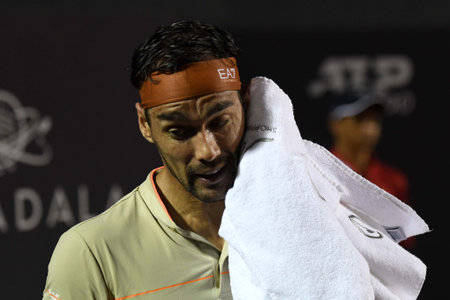 Rio, Brazil - February 23, 2023: Fabio Fognini (ITA) player in match against Carlos Alcaraz (ESP) by Rioopen 2023 ATP 500, in Rio de Janeiro Jockey Clubのeditorial素材
