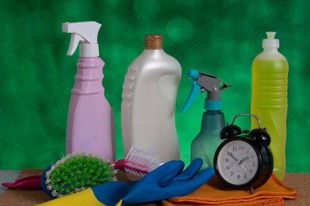 basket with cleaning products for home hygiene use with plastic packagingの写真素材