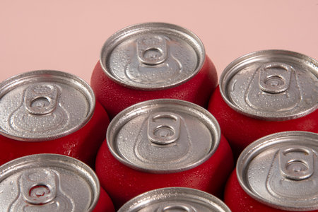 Group of aluminum soda cans, chilled, frozen and with water dropsの写真素材