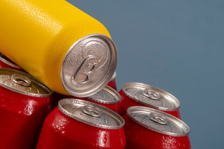Group of aluminum soda cans, chilled, frozen and with water dropsの写真素材
