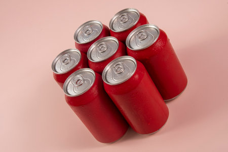 Group of aluminum soda cans, chilled, frozen and with water dropsの写真素材