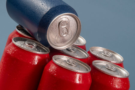 Group of aluminum soda cans, chilled, frozen and with water dropsの写真素材