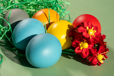 Colorful easter eggs on green background with red and yellow flowersの写真素材