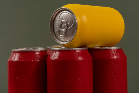 Red and yellow soda cans isolated on gray background with copy space.の写真素材
