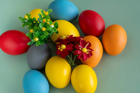 colorful eggs symbolize easter. Easter minimal concept. Creative Happy Easter, spring layout.の写真素材