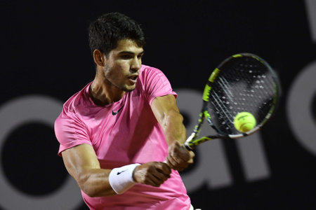 Rio, Brazil - February 23, 2023: Carlos Alcaraz (ESP) player in match against Fabio Fognini (ITA) by Rioopen 2023 ATP 500, in Rio de Janeiro Jockey Clubのeditorial素材