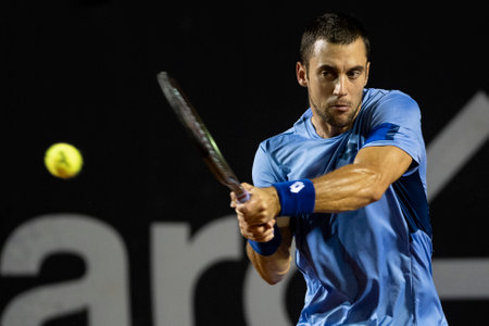 Rio, Brazil - February 23, 2023: Laslo Djere (SRB) player in match against Dusan Lajovic (SRB) by Rioopen 2023 ATP 500, in Rio de Janeiro Jockey Clubのeditorial素材