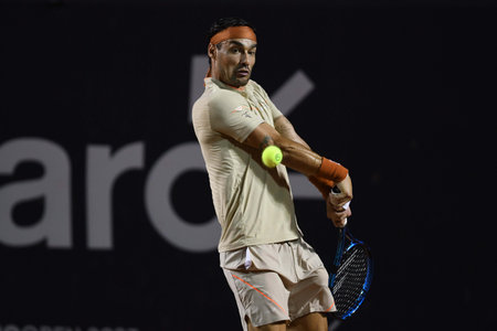 Rio, Brazil - February 23, 2023: Fabio Fognini (ITA) player in match against Carlos Alcaraz (ESP) by Rioopen 2023 ATP 500, in Rio de Janeiro Jockey Clubのeditorial素材