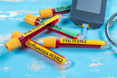 vacuum vials for blood collection written FLU H3N2 in reference to the flu typeの写真素材