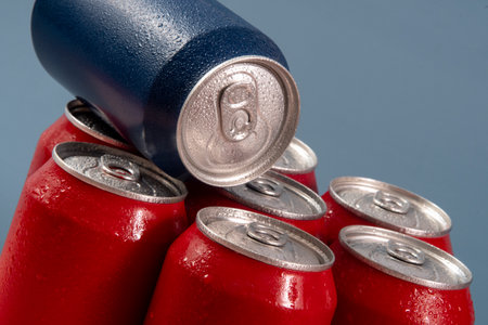 Group of aluminum soda cans, chilled, frozen and with water dropsの写真素材