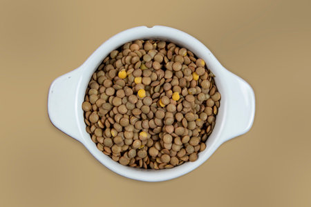 Lentils in bowl isolated with background. Top view. Flat lay and clipping pathの写真素材