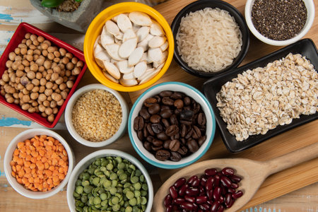 Healthy food selection: rice, beans, lentils, beans, soybeans, chickpeas, red beansの写真素材