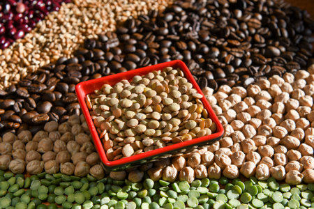 Bowl with raw lentil on various seedsの写真素材