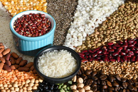Bowl with raw white rices and beans on various seedsの写真素材