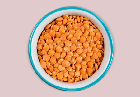 Red lentils in a blue bowl on a pink background, top viewの写真素材