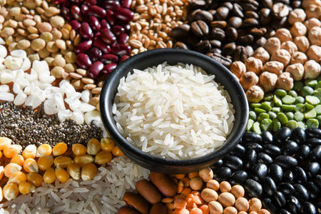 Bowl with raw white rices on various seedsの写真素材