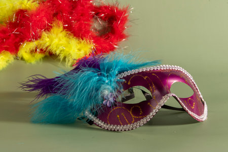 Venetian carnival mask with feathers and typical elements in the green backgroundの写真素材