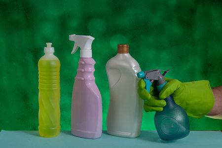 basket with cleaning products for home hygiene use with plastic packagingの写真素材