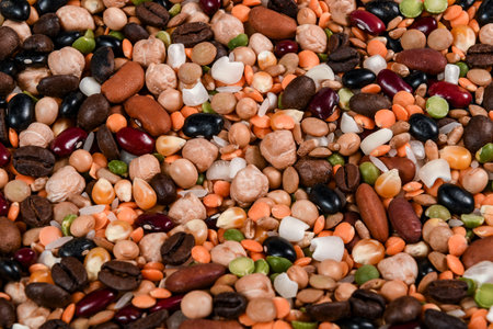 mixed grain and seeds representing healthy eating backgroundの写真素材