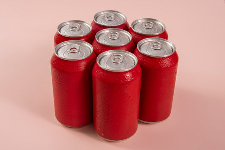 Group of aluminum soda cans, chilled, frozen and with water dropsの写真素材