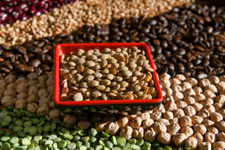 Bowl with raw lentil on various seedsの写真素材