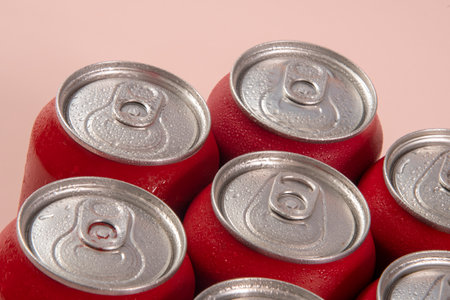 Group of aluminum soda cans, chilled, frozen and with water dropsの写真素材