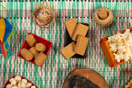 Typical food of the Brazilian Junino Festival on printed fabric Festa Juninaの写真素材