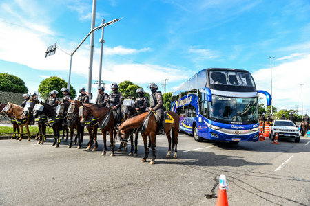 Rio, Brazil - May 21, 2023, mounted police around the arena in match between Flamengo vs Corinthians by Brazilian Championship, round 7 in Maracana Stadiumのeditorial素材